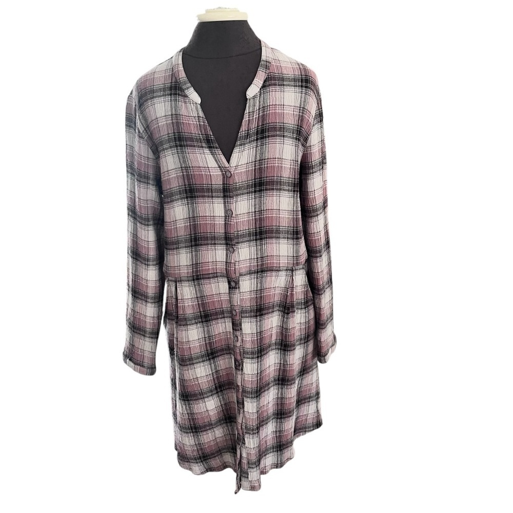 Garnet Hill Gray Purple Plaid Gauze Shirt Dress Pockets 12